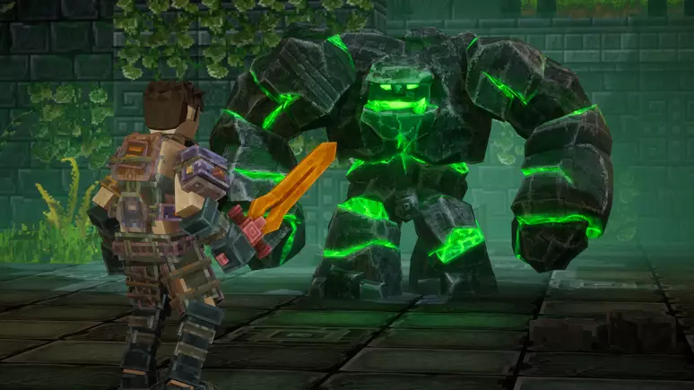 Personagem rpg lutando contra um golen de pedra